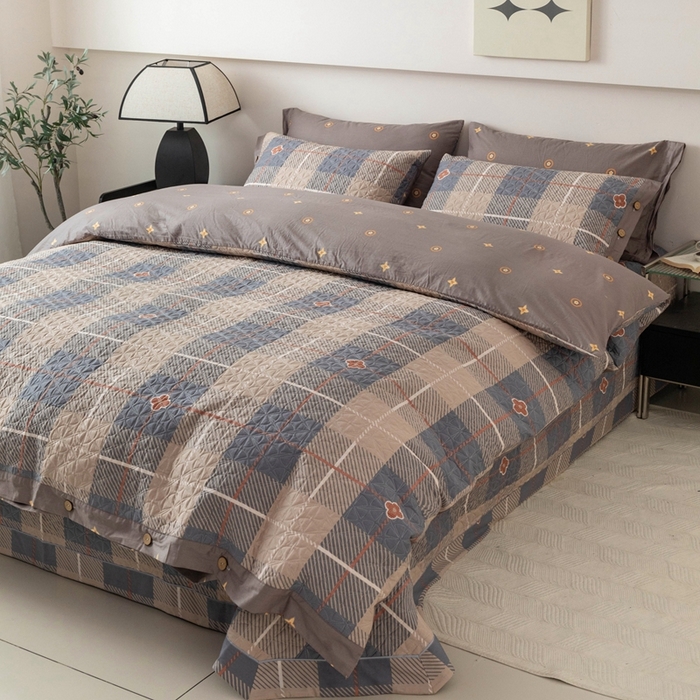 91家纺网 家纺一手货源 找家纺 优乐家纺 2025新款纯棉印花夹棉系列四件套-纽扣款 博尔-咖