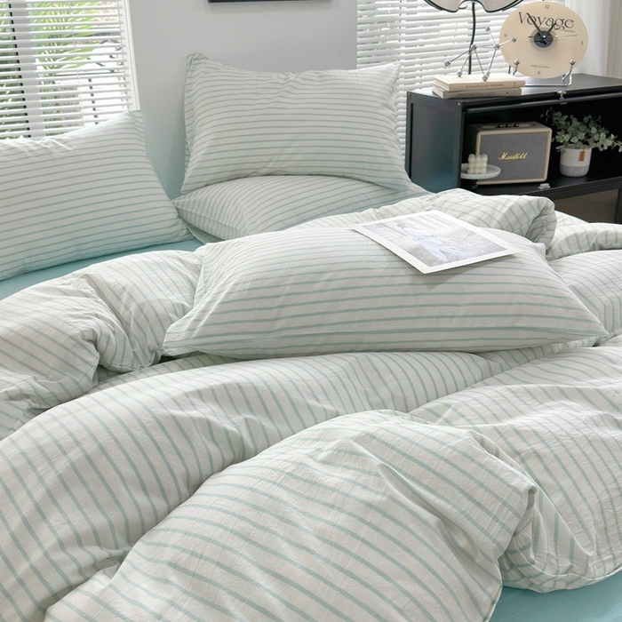 91家纺网 家纺一手货源 找家纺 价格下调三沁直播爆AAB版款纯棉全棉色织水洗棉简约格子式四件套（床单直角）湖蓝条