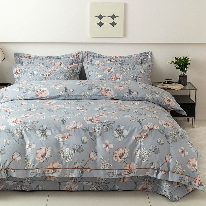 91家纺网 家纺一手货源 找家纺 优乐家纺 2025新款全棉斜纹13376单层被套夹棉床盖款四件套 蔚然花