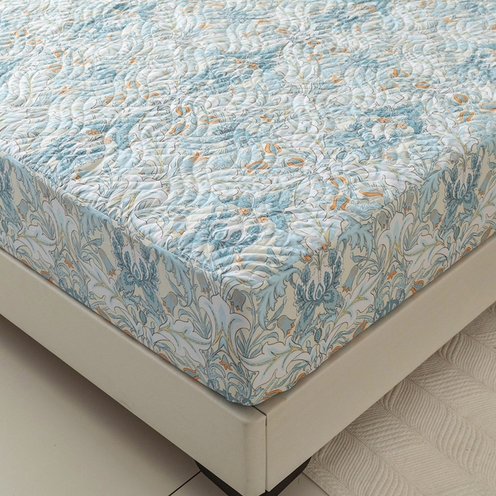 91家纺网 家纺一手货源 找家纺 优乐家纺 2025新款纯棉印花夹棉床笠三件套系列-纽扣款 普卡拉-兰