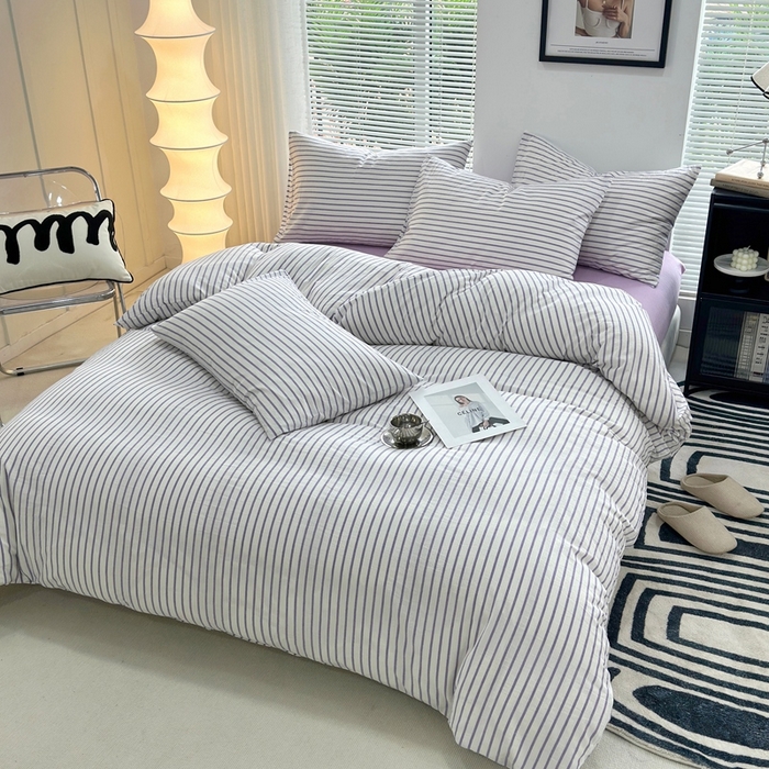 91家纺网 家纺一手货源 找家纺 价格下调三沁直播爆AAB版款纯棉全棉色织水洗棉简约格子式四件套（床单直角）蓝莓条