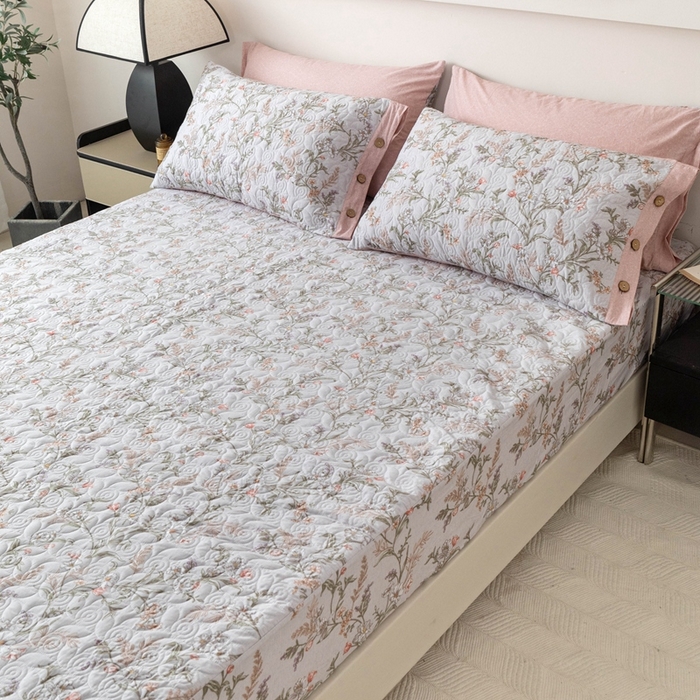 91家纺网 家纺一手货源 找家纺 优乐家纺 2025新款纯棉印花夹棉床笠三件套系列-纽扣款 清婉