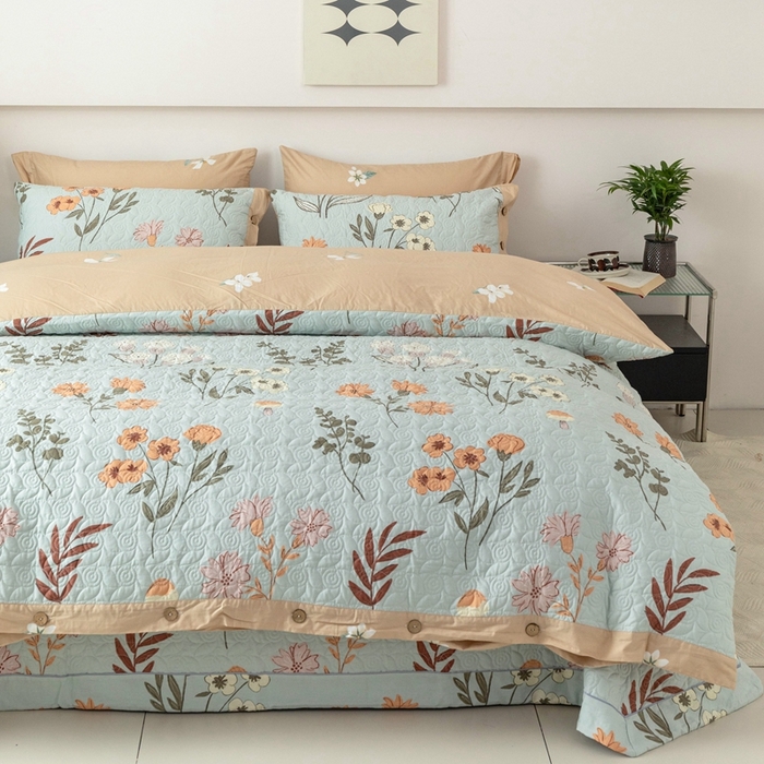 91家纺网 家纺一手货源 找家纺 优乐家纺 2025新款纯棉印花夹棉系列四件套-纽扣款 南薇-兰