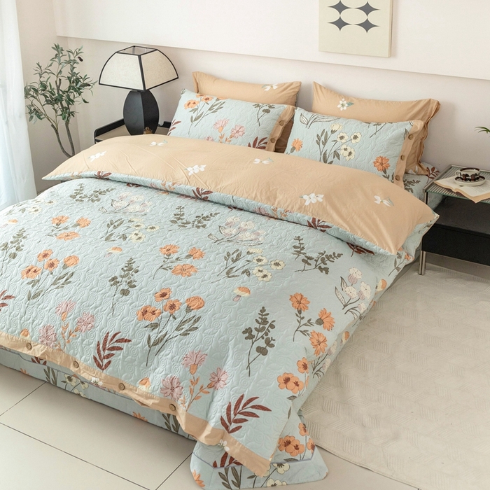 91家纺网 家纺一手货源 找家纺 优乐家纺 2025新款纯棉印花夹棉系列四件套-纽扣款 南薇-兰