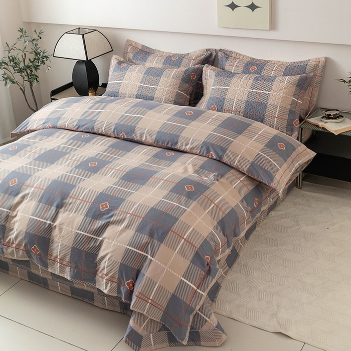 91家纺网 家纺一手货源 找家纺 优乐家纺 2025新款全棉斜纹13376单层被套夹棉床盖款四件套 博尔-咖