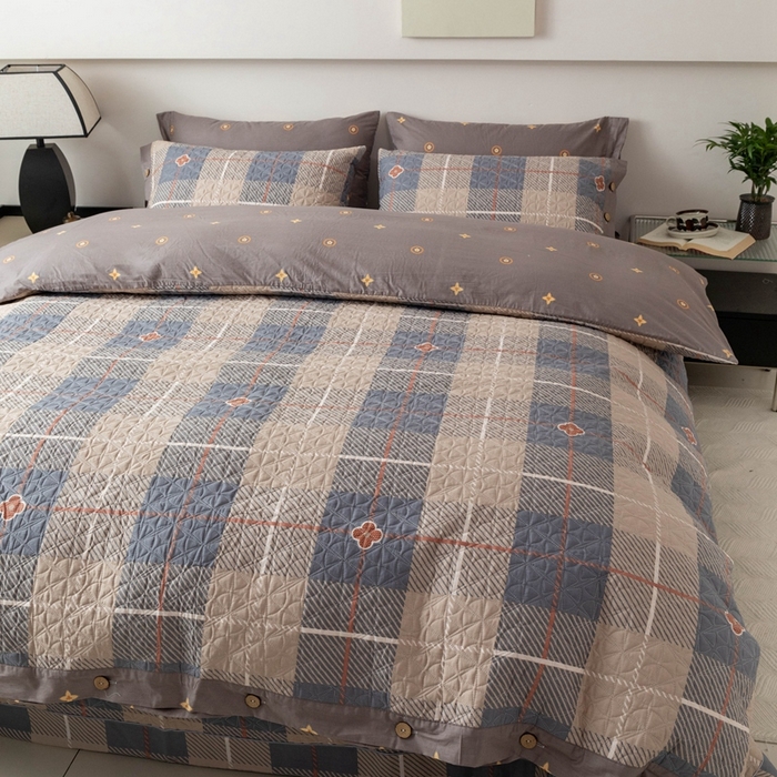 91家纺网 家纺一手货源 找家纺 优乐家纺 2025新款纯棉印花夹棉系列四件套-纽扣款 博尔-咖