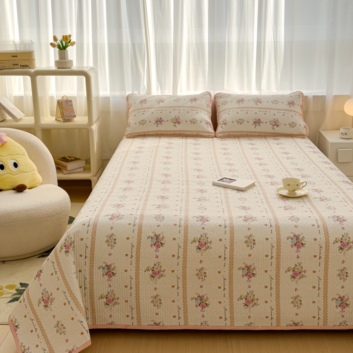 91家纺网 家纺一手货源 找家纺 金丝鸟家纺 2024新款双面全棉夹棉床盖 法式花团