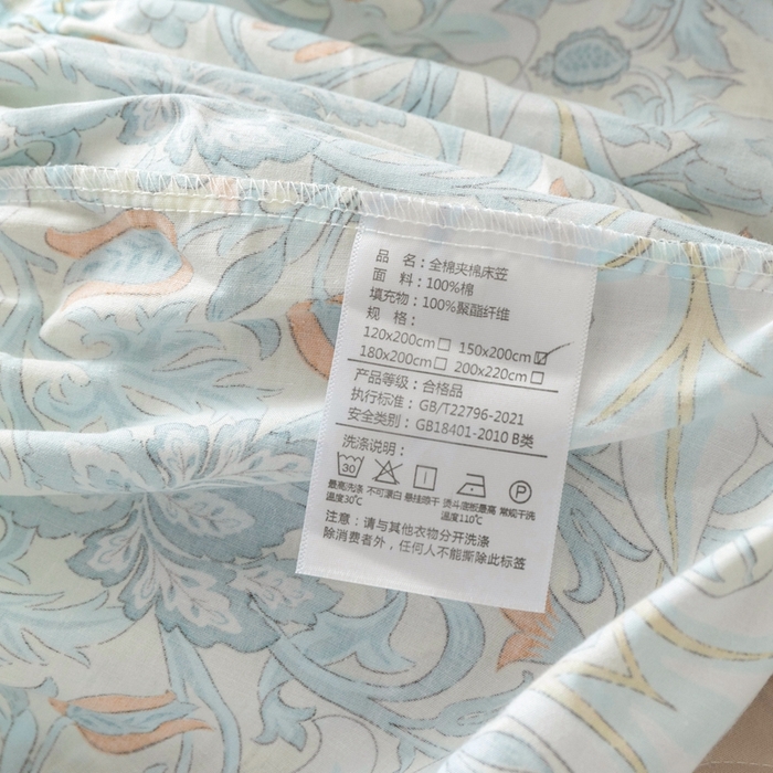 91家纺网 家纺一手货源 找家纺 优乐家纺 2025新款纯棉印花夹棉床笠三件套系列-纽扣款 普卡拉-兰