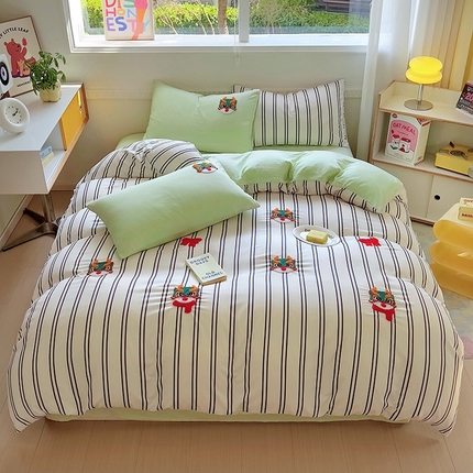 91家纺网 家纺一手货源 找家纺 易辰美 2024新款条纹水洗棉毛巾绣龙年限定四件套（专版） 龍龍前程-绿条