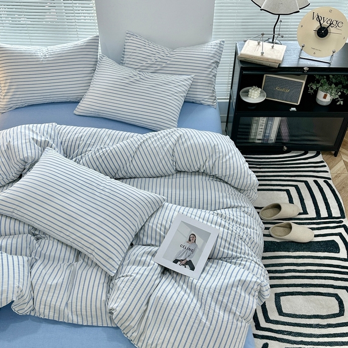 91家纺网 家纺一手货源 找家纺 价格下调三沁直播爆AAB版款纯棉全棉色织水洗棉简约格子式四件套（床单直角）蓝灰条