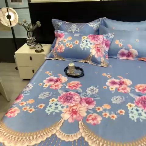 91家纺网 家纺一手货源 找家纺 柏薇 2024新款冰丝床单款凉席三件套 花丛间
