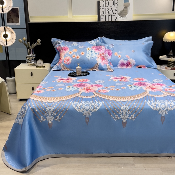 91家纺网 家纺一手货源 找家纺 柏薇 2024新款冰丝床单款凉席三件套 花丛间