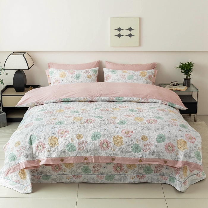 91家纺网 家纺一手货源 找家纺 优乐家纺 2025新款纯棉印花夹棉系列四件套-纽扣款 安琪-黄