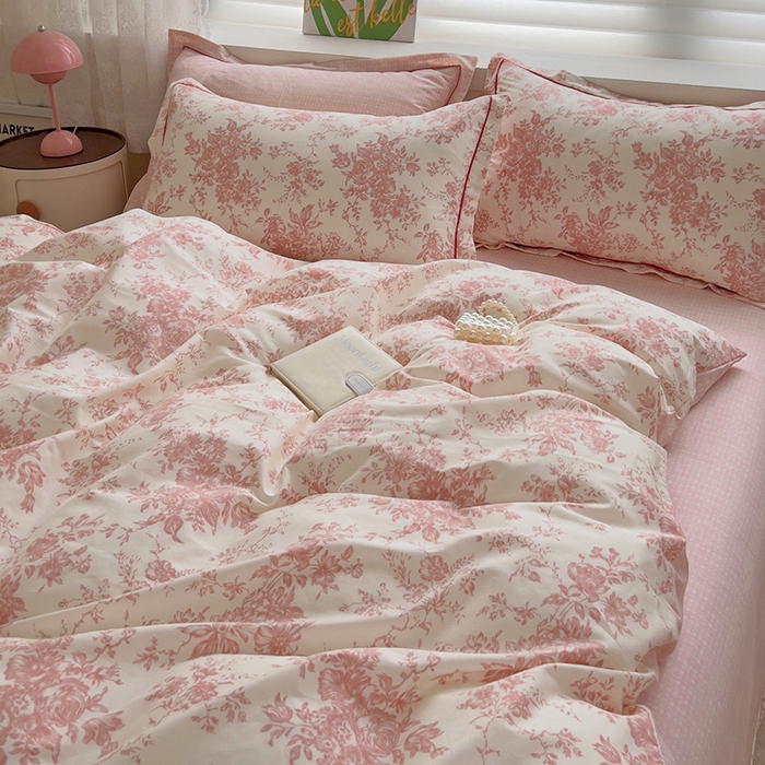 91家纺网 家纺一手货源 找家纺 乐童 2024新款直播爆款13070纯棉印花吊边款一字绣四件套 第五波 藤曼花影 粉