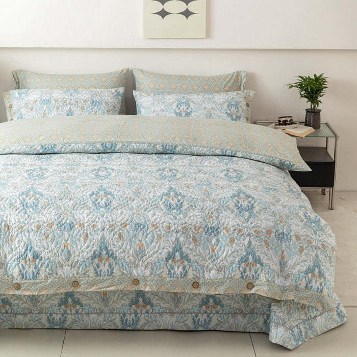 91家纺网 家纺一手货源 找家纺 优乐家纺 2025新款纯棉印花夹棉系列四件套-纽扣款 普卡拉-兰