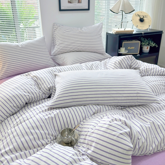 91家纺网 家纺一手货源 找家纺 价格下调三沁直播爆AAB版款纯棉全棉色织水洗棉简约格子式四件套（床单直角）蓝莓条