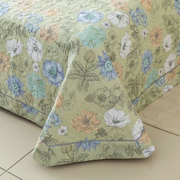 91家纺网 家纺一手货源 找家纺 优乐家纺 2025新款全棉斜纹13376宽边枕套床盖三件套 安琪-绿