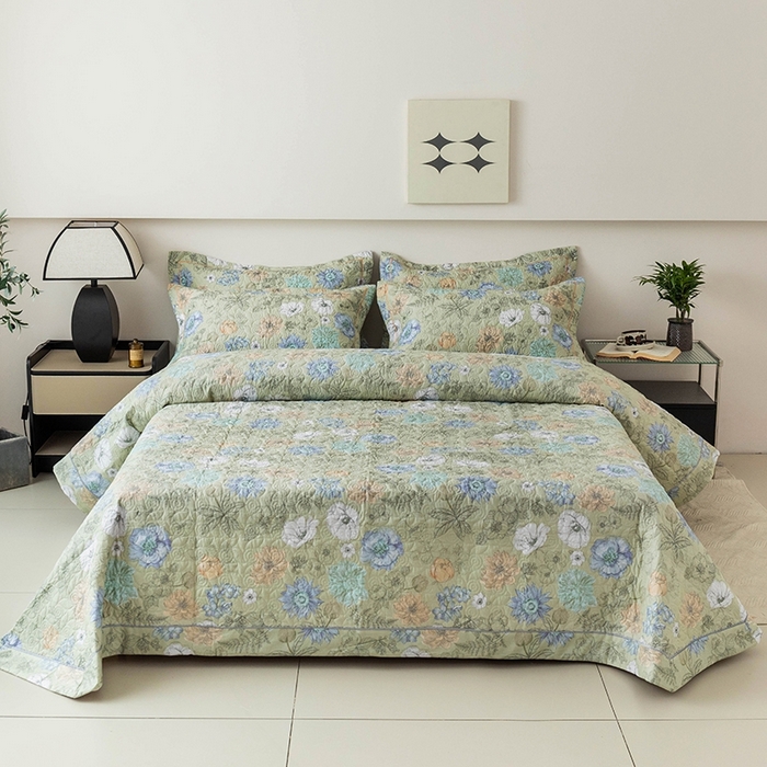 91家纺网 家纺一手货源 找家纺 优乐家纺 2025新款全棉斜纹13376宽边枕套床盖三件套 安琪-绿