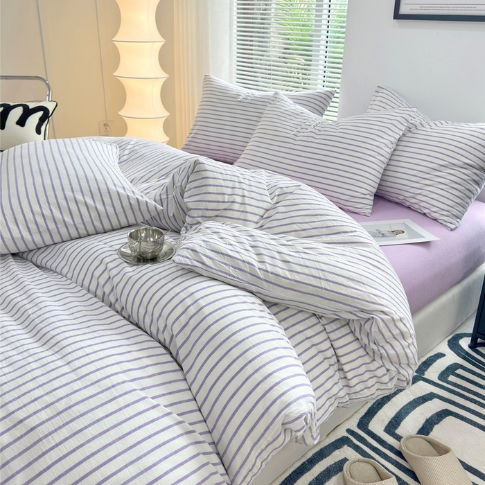 91家纺网 家纺一手货源 找家纺 价格下调三沁直播爆AAB版款纯棉全棉色织水洗棉简约格子式四件套（床单直角）蓝莓条