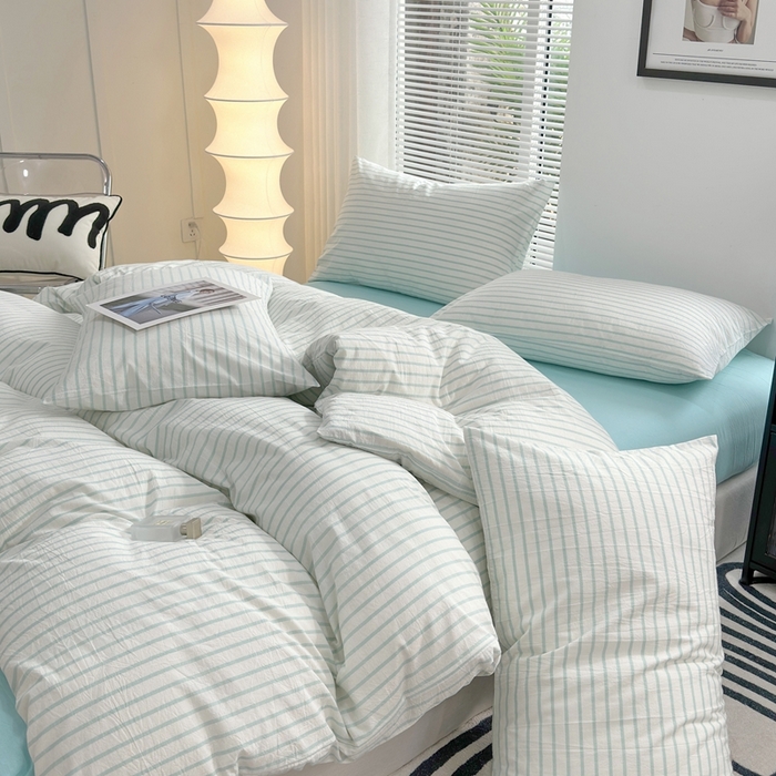 91家纺网 家纺一手货源 找家纺 价格下调三沁直播爆AAB版款纯棉全棉色织水洗棉简约格子式四件套（床单直角）湖蓝条