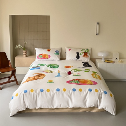 91家纺网 家纺一手货源 找家纺 （总）圆岛家纺 2024新款原创手绘系列100s 全棉数码印花四件套-猫猫vlog