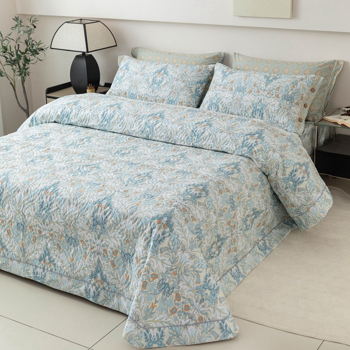 91家纺网 家纺一手货源 找家纺 优乐家纺 2025新款纯棉印花夹棉系列床盖三件套-纽扣款 普卡拉-兰