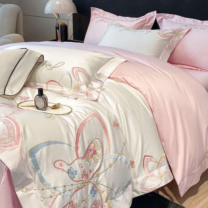 91家纺网 家纺一手货源 找家纺 星蕴家纺 2024新款喷气全工艺纯棉四件套-莉兰 莉兰白拼粉