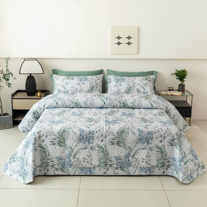 91家纺网 家纺一手货源 找家纺 优乐家纺 2025新款纯棉印花夹棉系列床盖三件套-纽扣款 早春