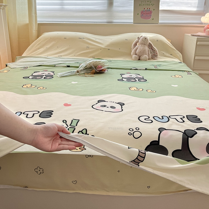 91家纺网 家纺一手货源 找家纺 绵庭家纺 2024新款全棉印花隔脏睡袋 熊猫戏水绿