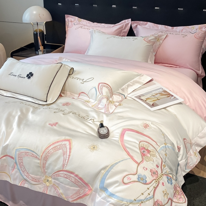 91家纺网 家纺一手货源 找家纺 星蕴家纺 2024新款喷气全工艺纯棉四件套-莉兰 莉兰白拼粉