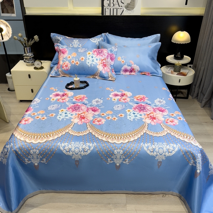 91家纺网 家纺一手货源 找家纺 柏薇 2024新款冰丝床单款凉席三件套 花丛间