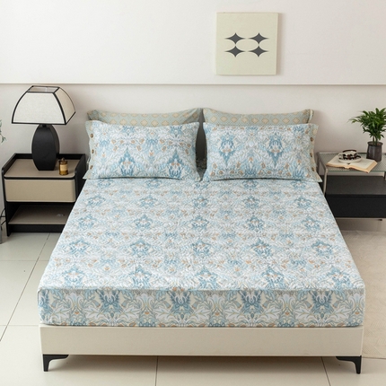 优乐家纺 2025新款纯棉印花夹棉床笠三件套系列-纽扣款 普卡拉-兰