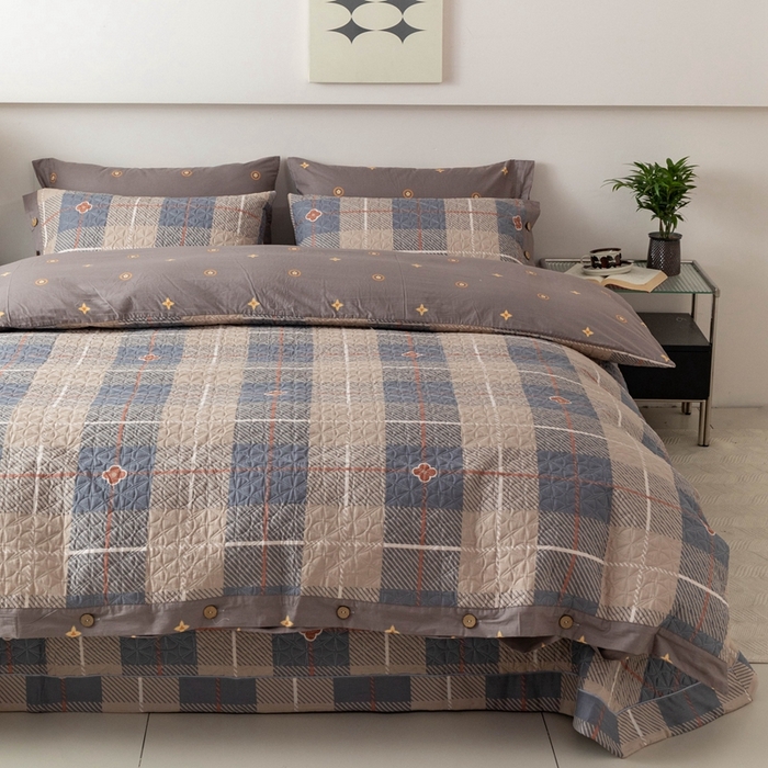 91家纺网 家纺一手货源 找家纺 优乐家纺 2025新款纯棉印花夹棉系列四件套-纽扣款 博尔-咖