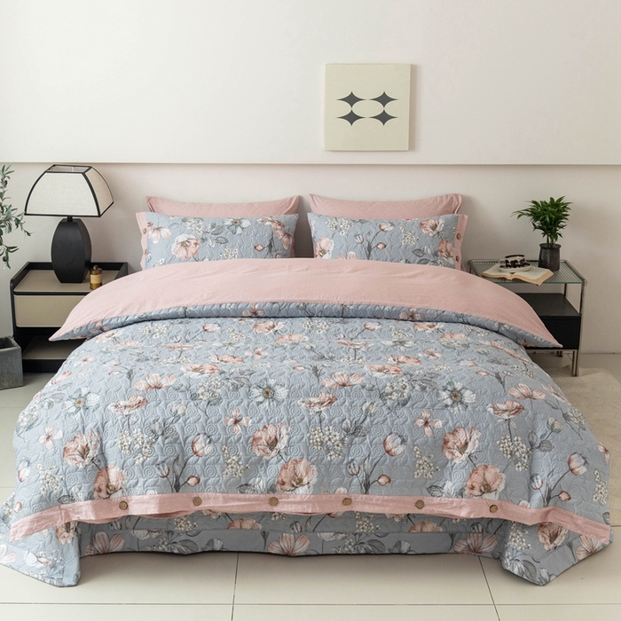 91家纺网 家纺一手货源 找家纺 优乐家纺 2025新款纯棉印花夹棉系列四件套-纽扣款 蔚然花