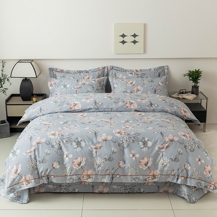 优乐家纺 2025新款全棉斜纹13376单层被套夹棉床盖款四件套 蔚然花