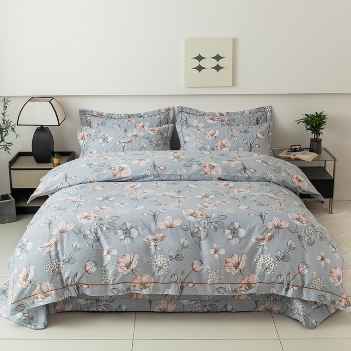 91家纺网 家纺一手货源 找家纺 优乐家纺 2025新款全棉斜纹13376单层被套夹棉床盖款四件套 蔚然花