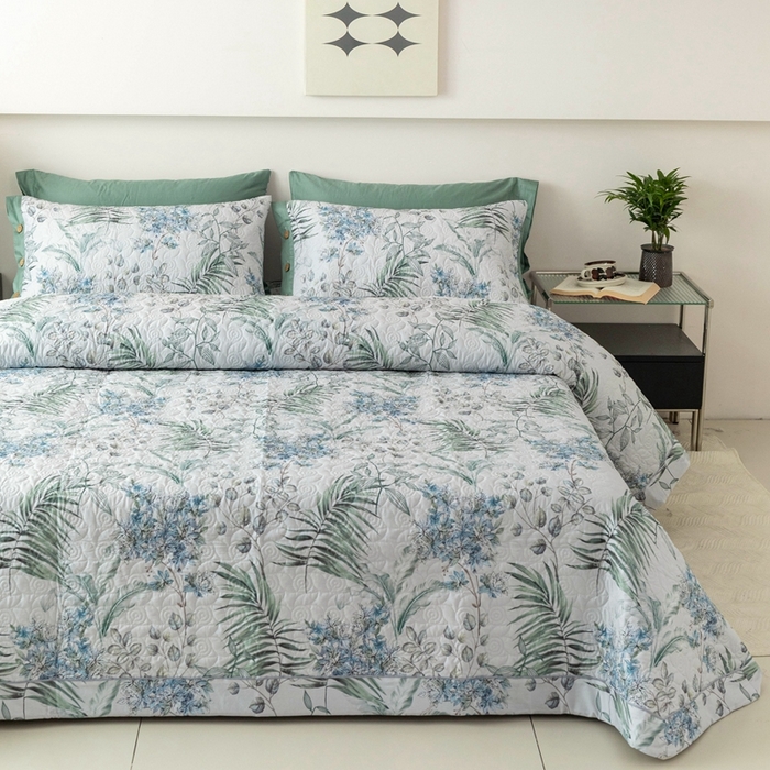 91家纺网 家纺一手货源 找家纺 优乐家纺 2025新款纯棉印花夹棉系列床盖三件套-纽扣款 早春