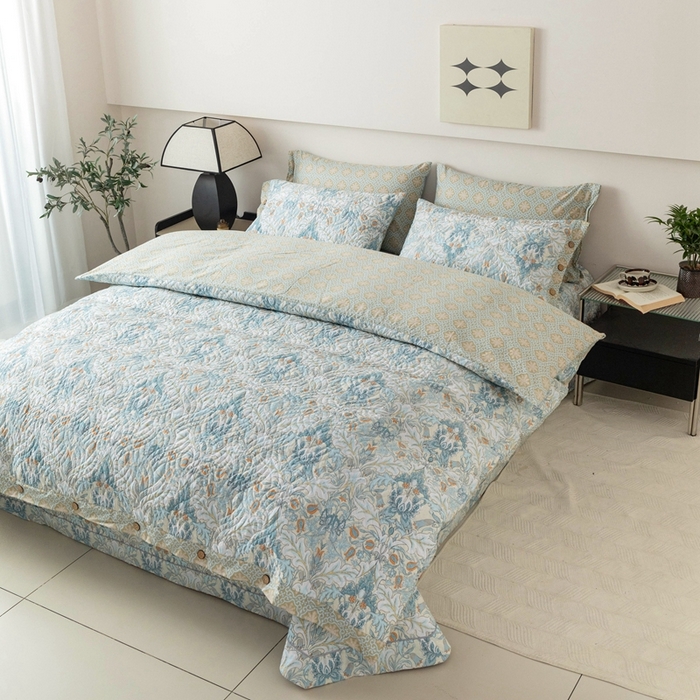 91家纺网 家纺一手货源 找家纺 优乐家纺 2025新款纯棉印花夹棉系列四件套-纽扣款 普卡拉-兰