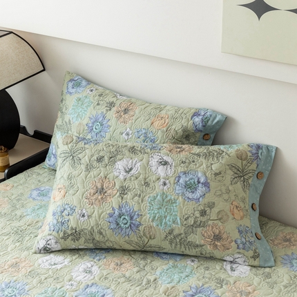 优乐家纺 2025新款纯棉印花夹棉枕套系列-纽扣款 安琪-绿