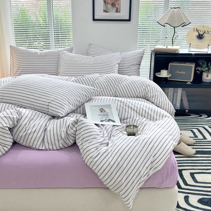 91家纺网 家纺一手货源 找家纺 价格下调三沁直播爆AAB版款纯棉全棉色织水洗棉简约格子式四件套（床单直角）蓝莓条