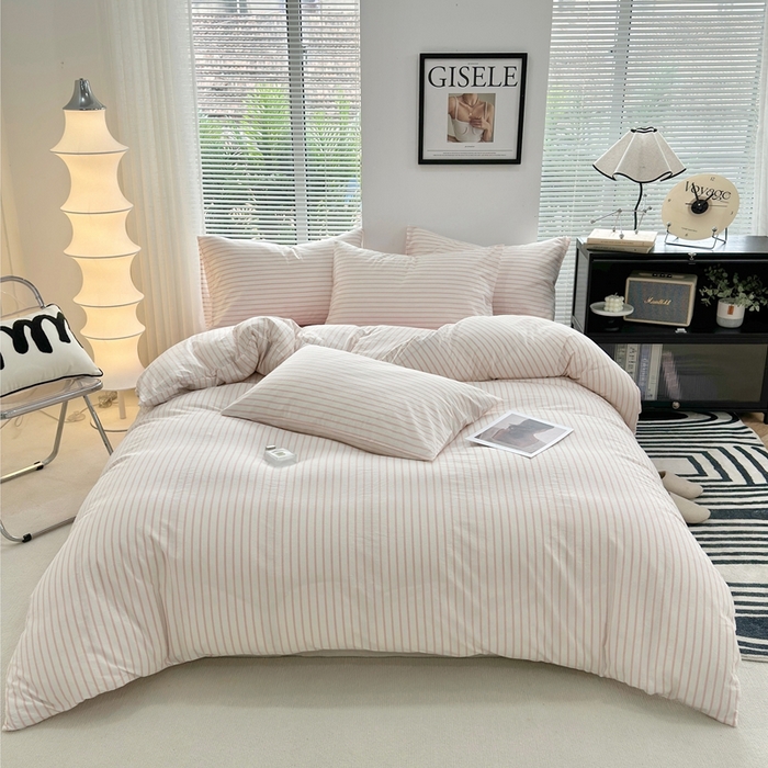 91家纺网 家纺一手货源 找家纺 价格下调三沁直播爆AAB版款纯棉全棉色织水洗棉简约格子式四件套（床单直角）果粉条