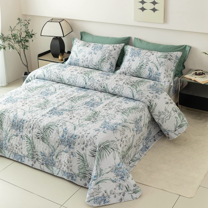 91家纺网 家纺一手货源 找家纺 优乐家纺 2025新款纯棉印花夹棉系列床盖三件套-纽扣款 早春