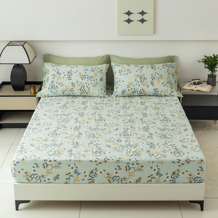 91家纺网 家纺一手货源 找家纺 优乐家纺 2025新款纯棉印花夹棉床笠三件套系列-纽扣款 朵唯