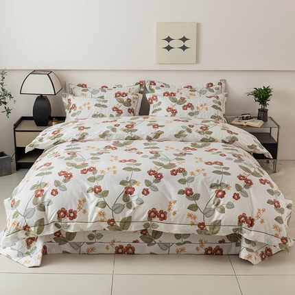 优乐家纺 2025新款全棉斜纹13376单层被套夹棉床盖款四件套 花颜悦色