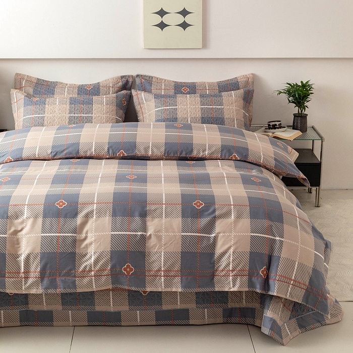 91家纺网 家纺一手货源 找家纺 优乐家纺 2025新款全棉斜纹13376单层被套夹棉床盖款四件套 博尔-咖