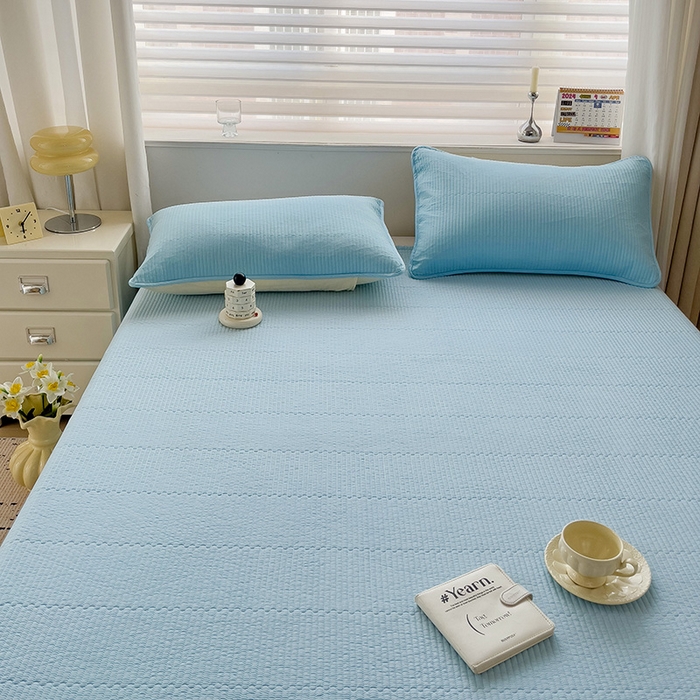 91家纺网 家纺一手货源 找家纺 羽爱家纺 2024新款双面纯色全棉水洗床盖 天蓝