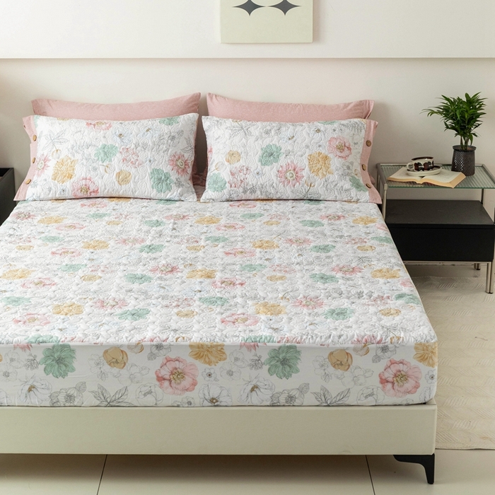 91家纺网 家纺一手货源 找家纺 （总）优乐家纺 2025新款纯棉印花夹棉床笠三件套系列-纽扣款