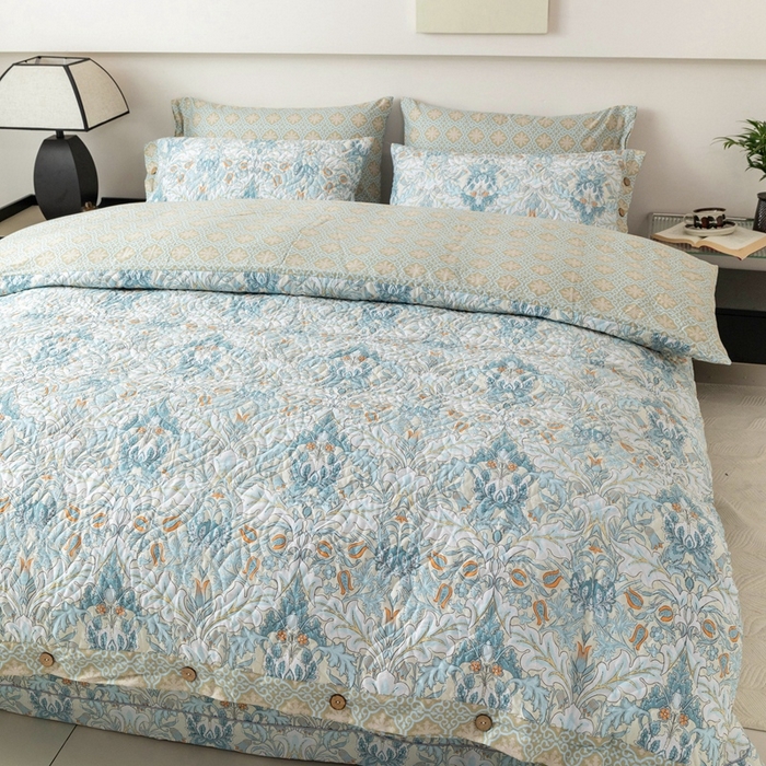 91家纺网 家纺一手货源 找家纺 优乐家纺 2025新款纯棉印花夹棉系列四件套-纽扣款 普卡拉-兰