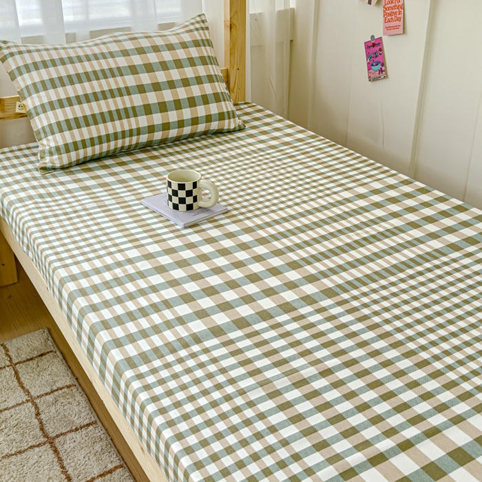 91家纺网 家纺一手货源 找家纺 金丝鸟家纺 2024新款学生款A类老粗布床笠 绿小格