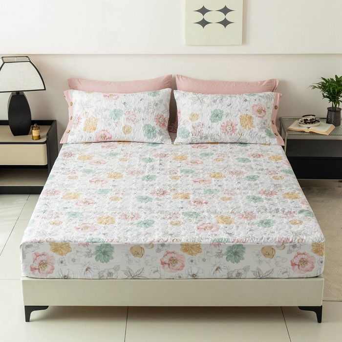 91家纺网 家纺一手货源 找家纺 （总）优乐家纺 2025新款纯棉印花夹棉床笠三件套系列-纽扣款